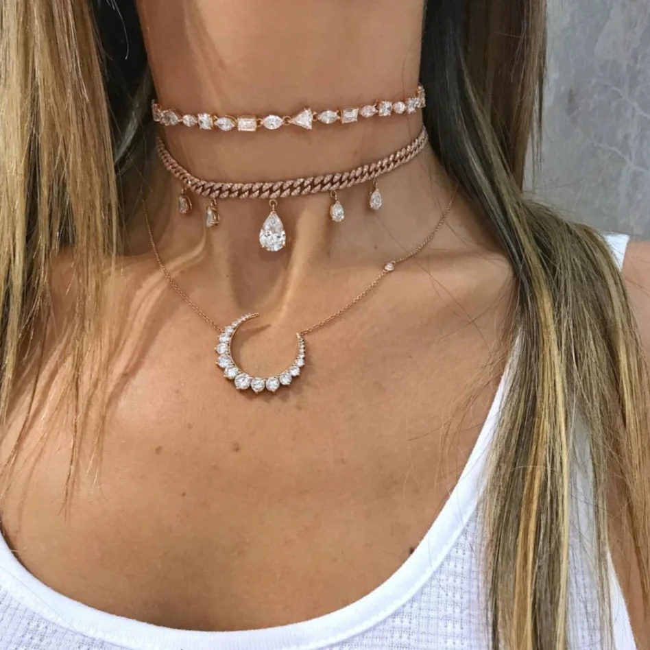 Diamond Pearl Drop Mini Link Choker, Gold
